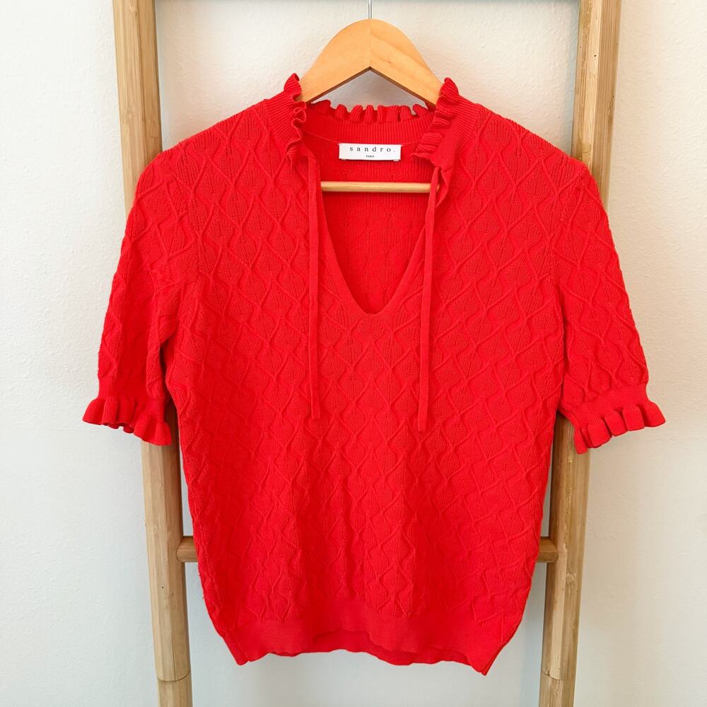 Sandro Paris Red Ruffle Neck Textured Knit Short Sleeve Top Size Small EUC